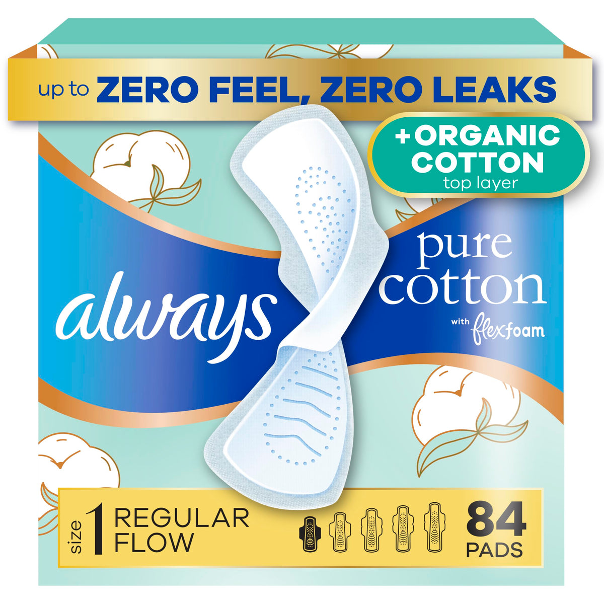 Always Pure Cotton paquete frontal mostrando 84 unidades y beneficio de comodidad