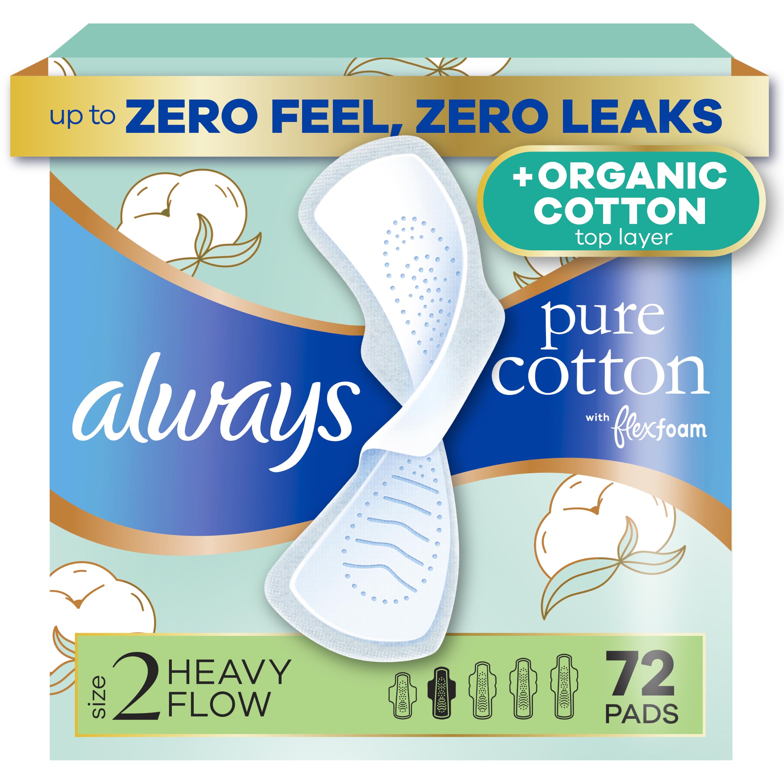 Always Pure Cotton empaque frontal mostrando 72 unidades y beneficio de absorción