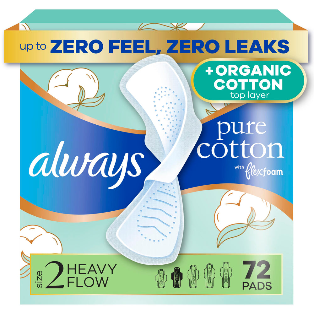 Always Pure Cotton empaque frontal mostrando 72 unidades y beneficio de absorción