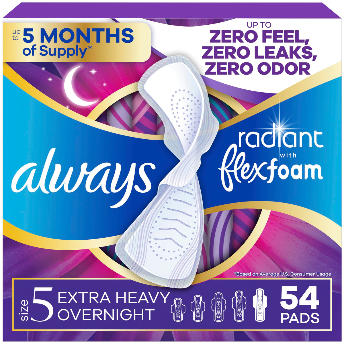 Always Radiant empaque frontal mostrando 54 unidades y beneficio de protección