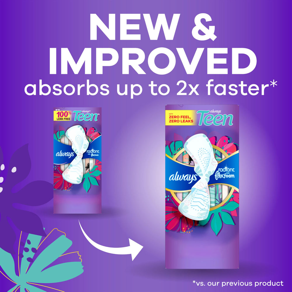 Always Radiant Teen primer plano de la espuma FlexFoam que ofrece sensación ultradelgada