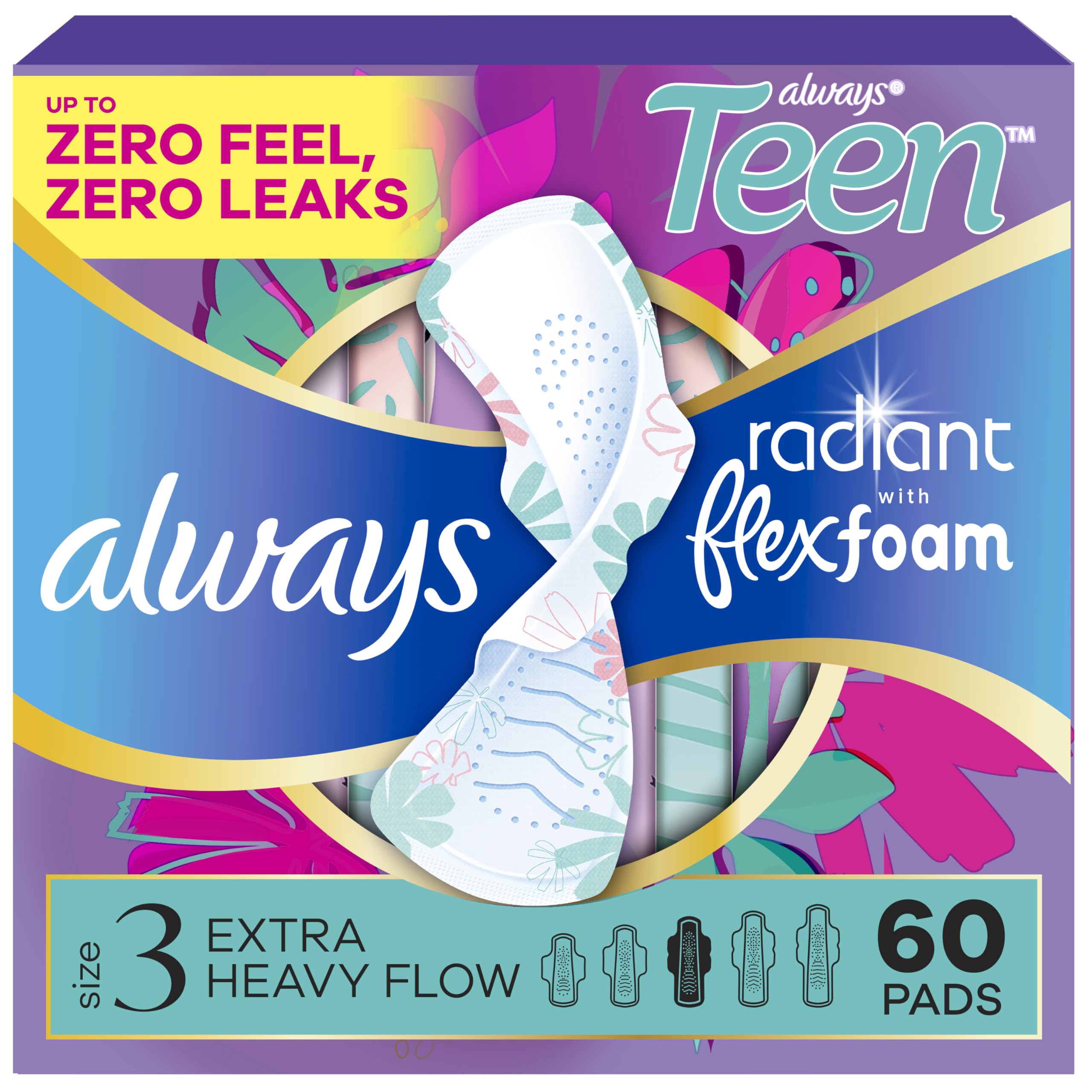 Always Radiant Teen frontal del empaque mostrando cantidad y beneficio de protección