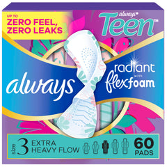 Always Radiant Teen frontal del empaque mostrando cantidad y beneficio de protección