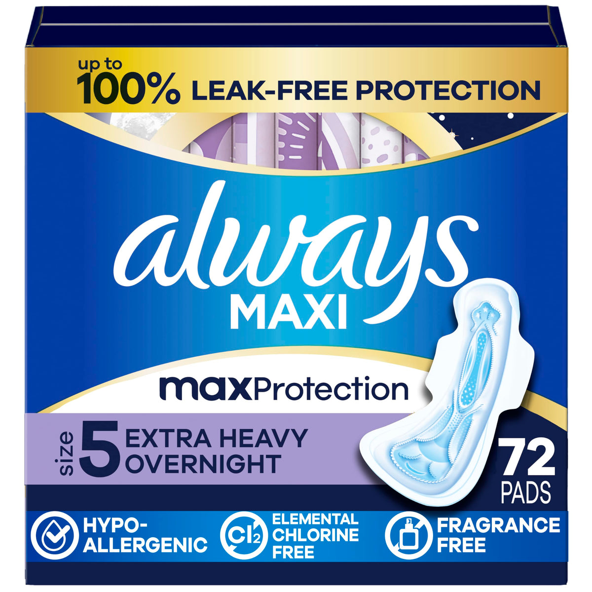 Always Size 5 front packaging showing unscented overnight protection