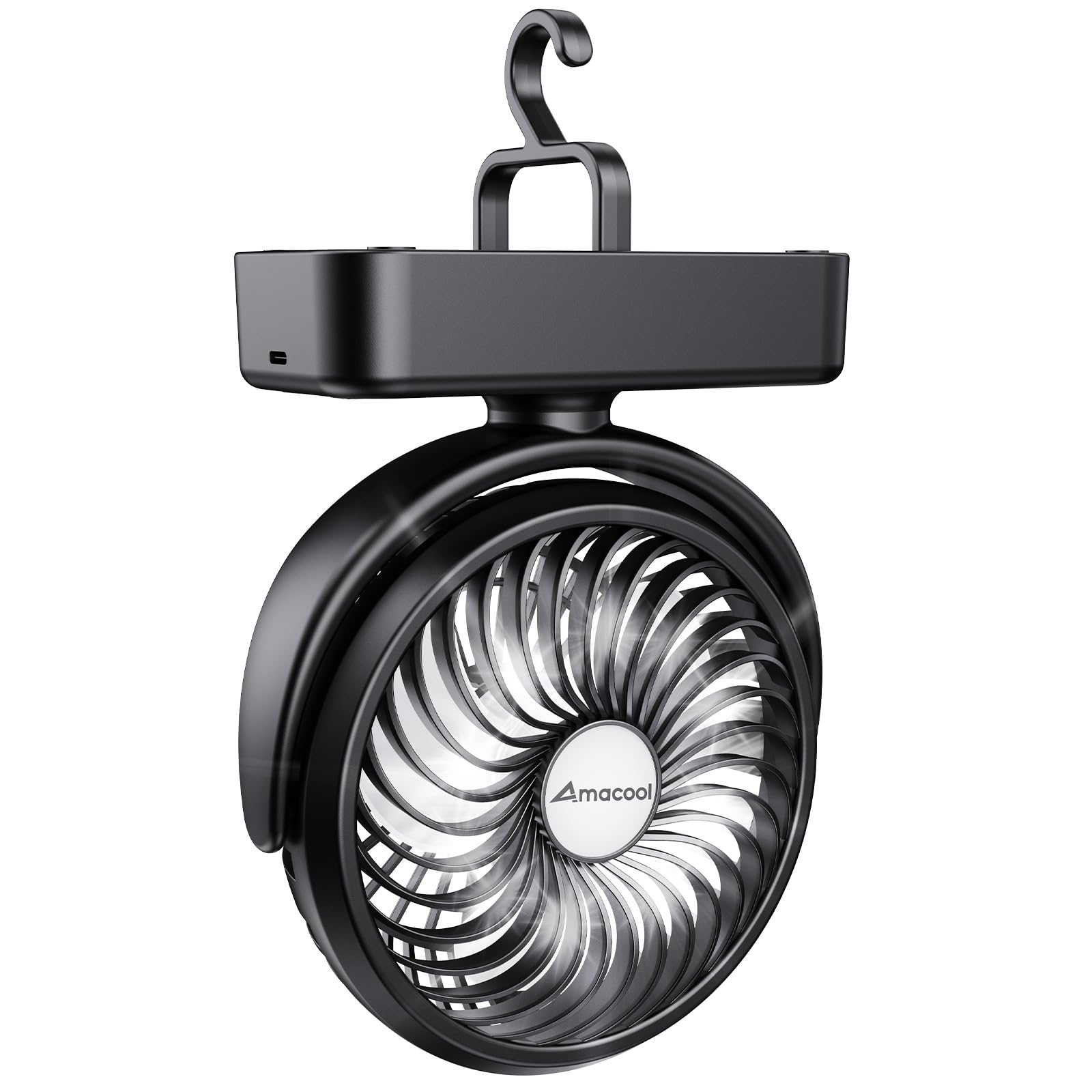 AMACOOL vista frontal del ventilador compacto con linterna y gancho