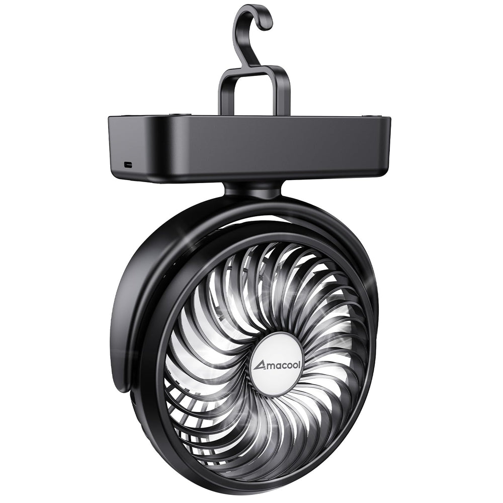 AMACOOL vista frontal del ventilador compacto con linterna y gancho