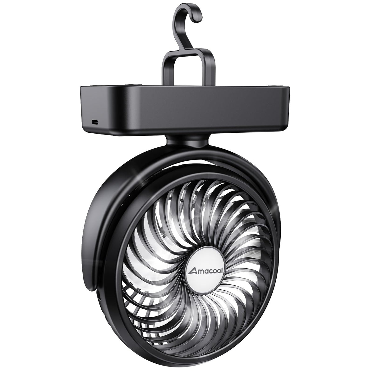 AMACOOL vista frontal del ventilador compacto con linterna y gancho