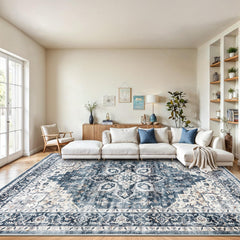 AMADA HOMEFURNISHING front view of blue 8x10 rug showing overall design and balance