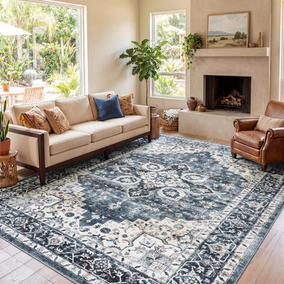 AMADA HOMEFURNISHING rug next to sofa and coffee table showing correct scale