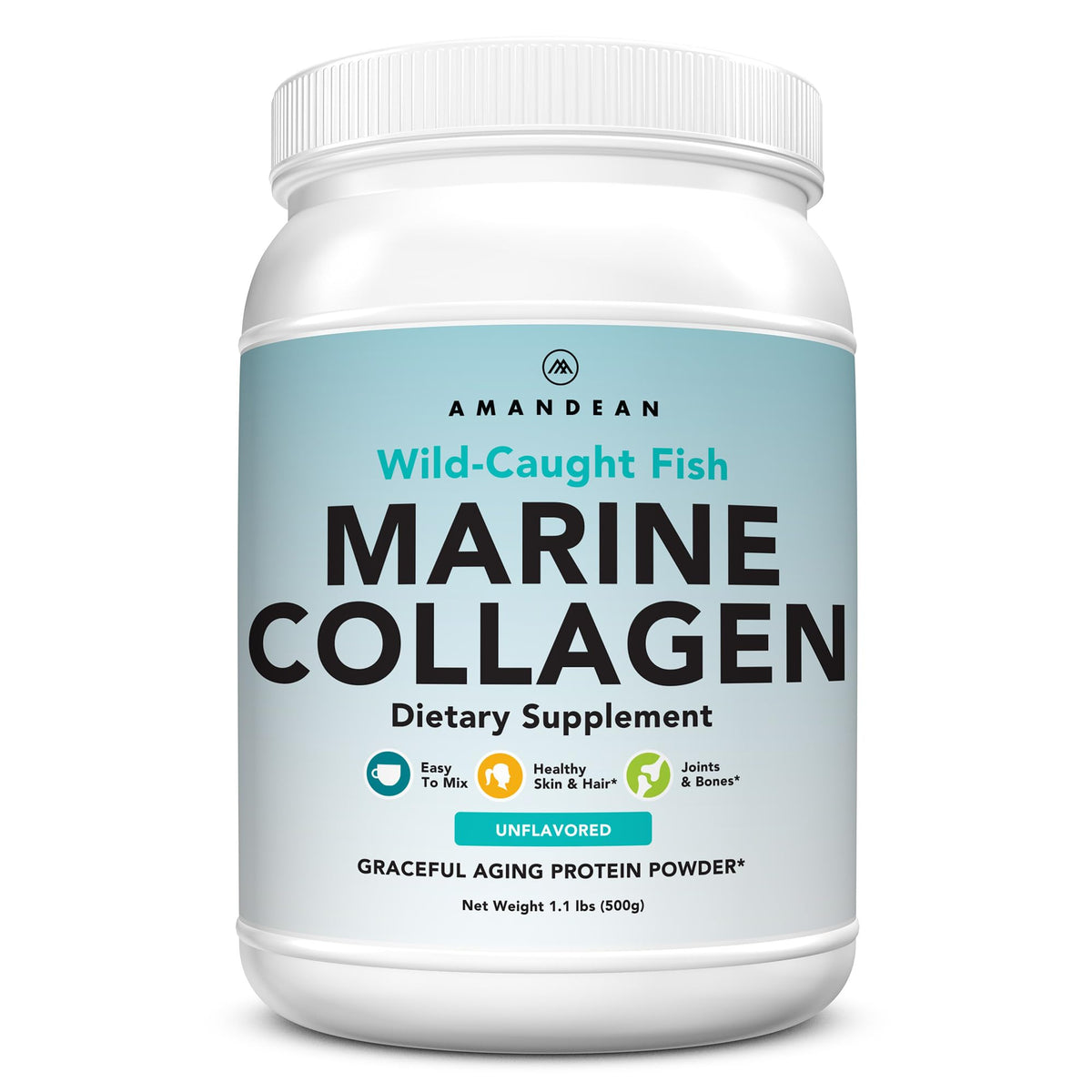 AMANDEAN envase frontal del colágeno marino 500g mostrando la marca y beneficio de pureza