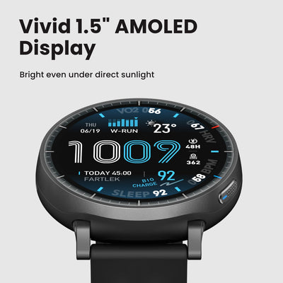 Amazfit Active Max display close-up showing AMOLED brightness for readability