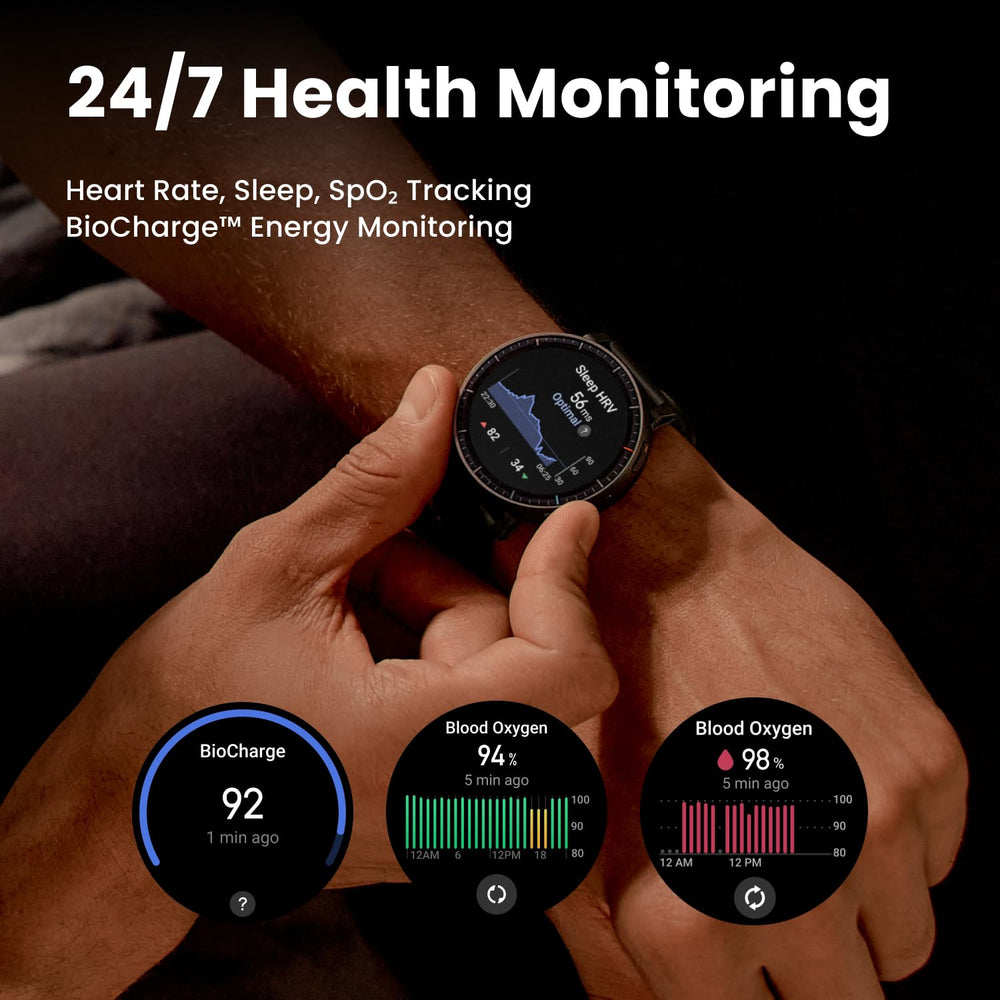 Amazfit Active Max next to hand showing size comparison for comfort and fit