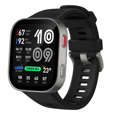 Amazfit front view showing large screen and slim aluminum case for clear metrics