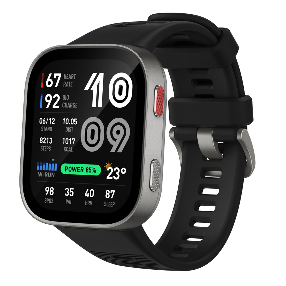 Amazfit front view showing large screen and slim aluminum case for clear metrics