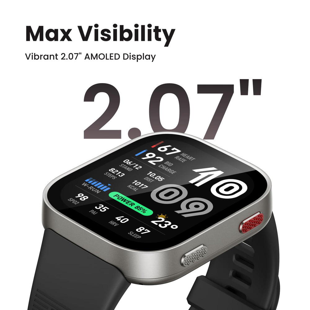 Amazfit side profile highlighting thin aluminum body and two-button control for comfort
