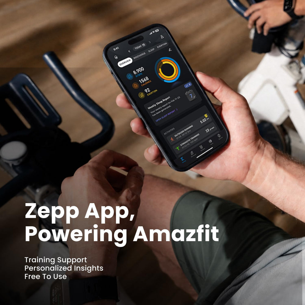 Amazfit charging view illustrating long 20-day battery life and convenience