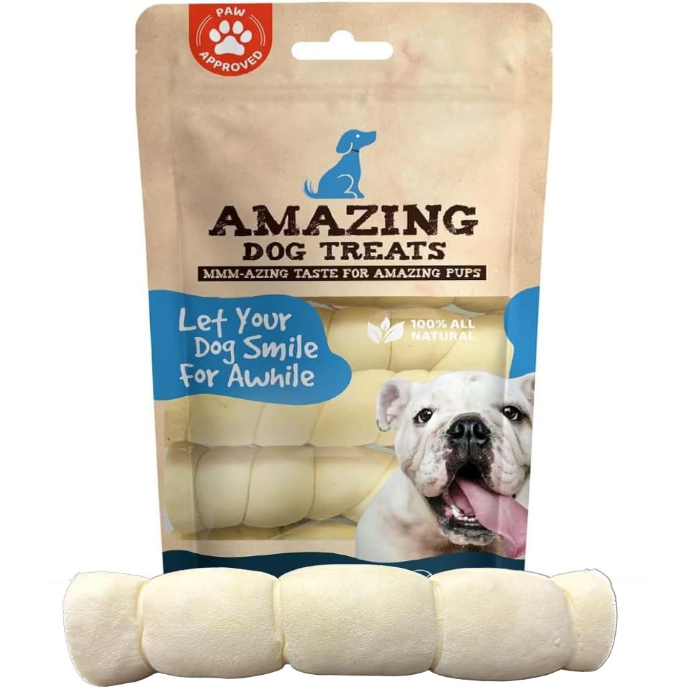Amazing Dog Treats envase frontal mostrando rollos de carrillera, tranquilidad asegurada