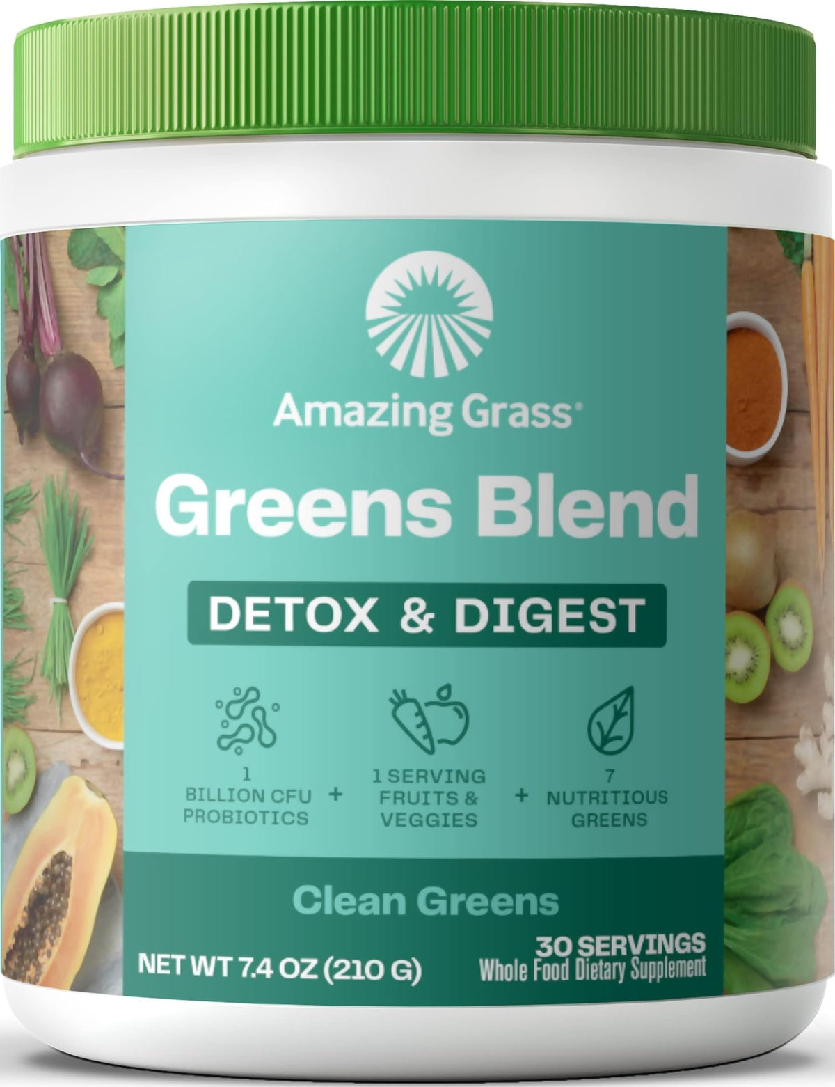 Amazing Grass envase frontal mostrando la mezcla y beneficios nutritivos