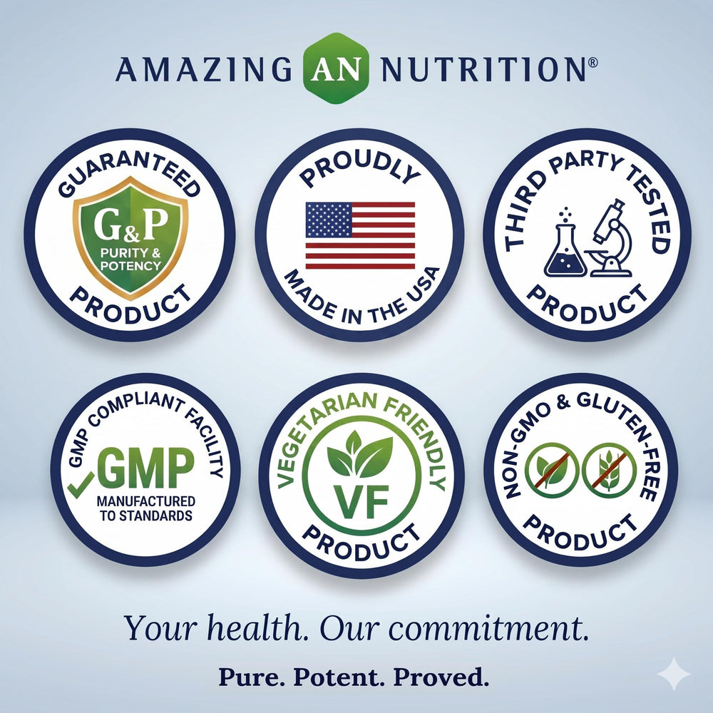 Amazing Nutrition etiqueta en detalle con información de pureza y GMP