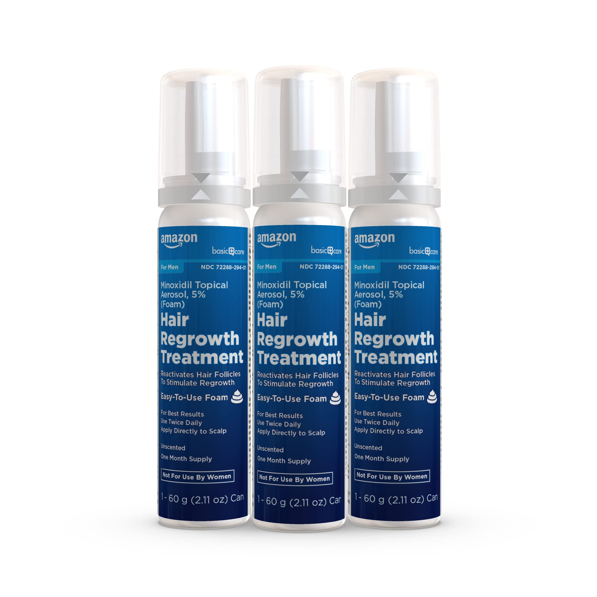 Amazon Basic Care minoxidil 5% etiqueta y embalaje informando ingredientes activos