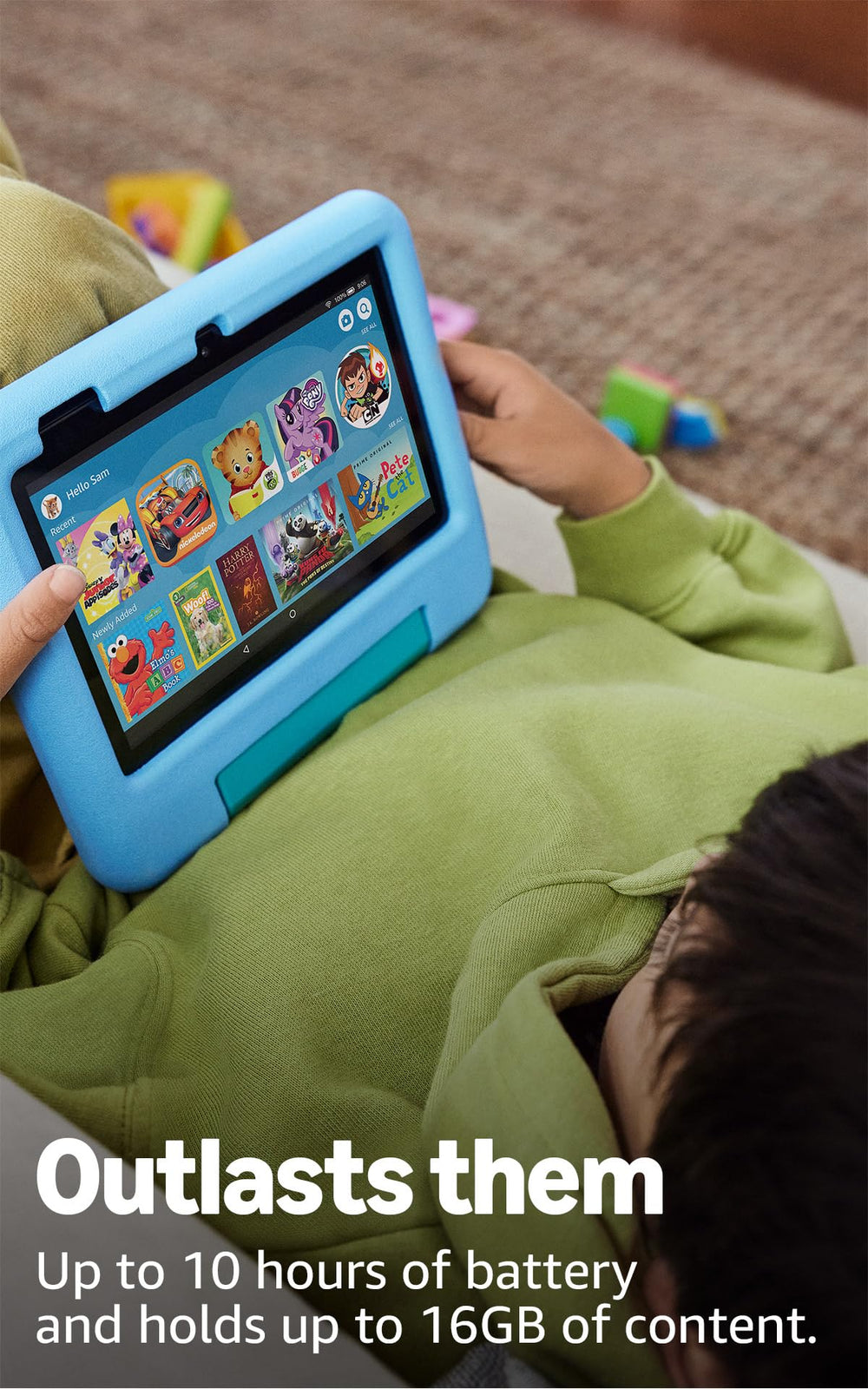 Amazon Fire 7 Kids held in child's hands illustrating comfortable small size