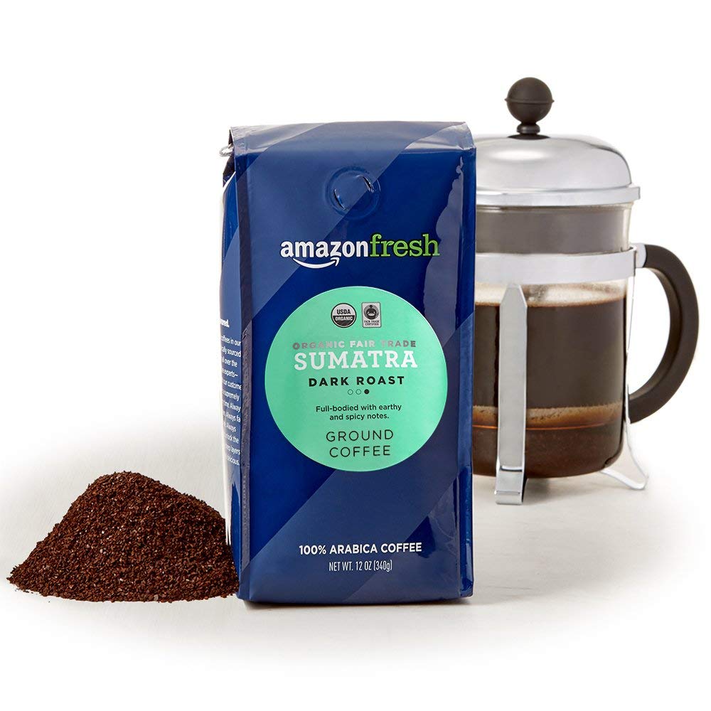 Amazon Fresh bag close-up label highlighting roast and origin