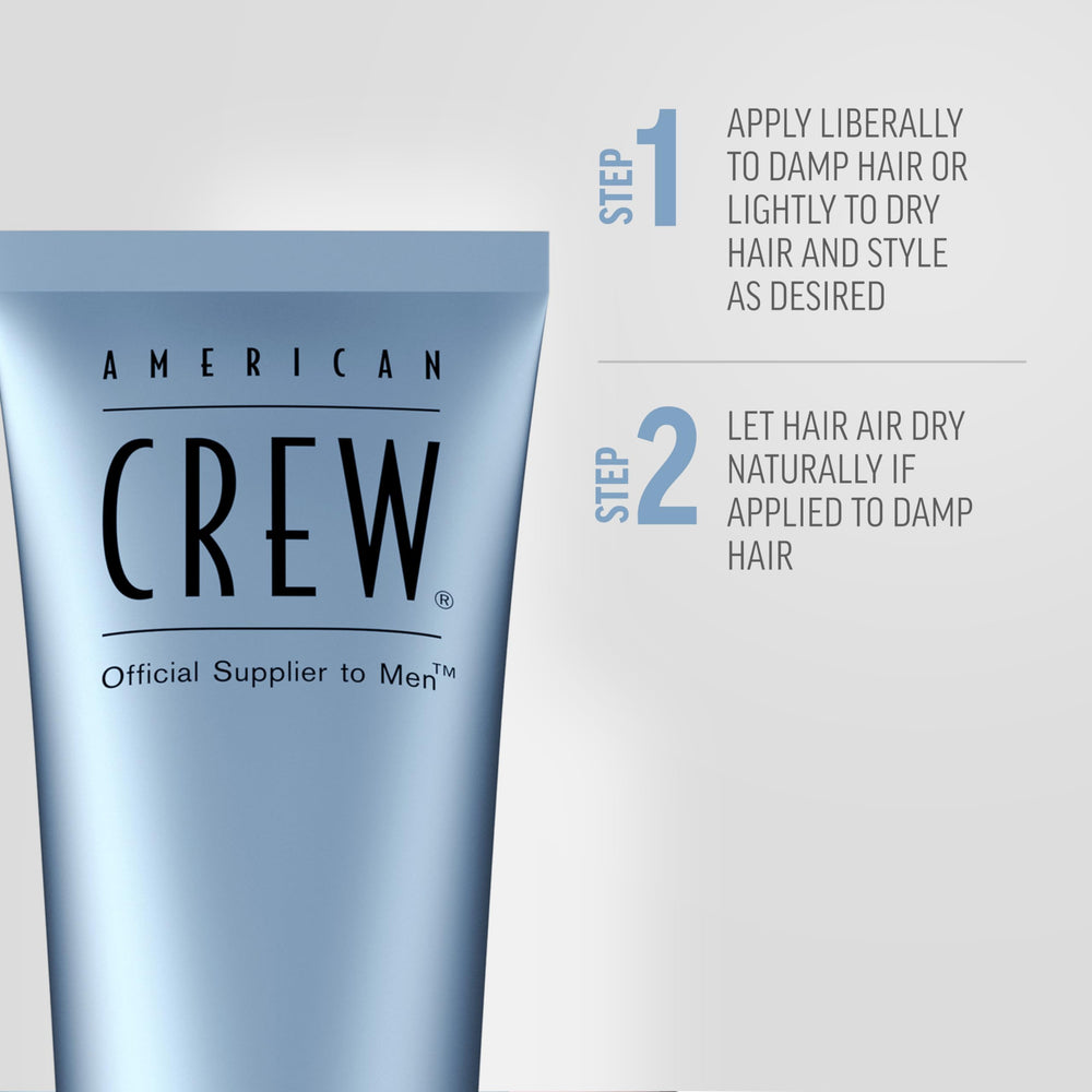 AMERICAN CREW etiqueta legible que indica beneficios y uso