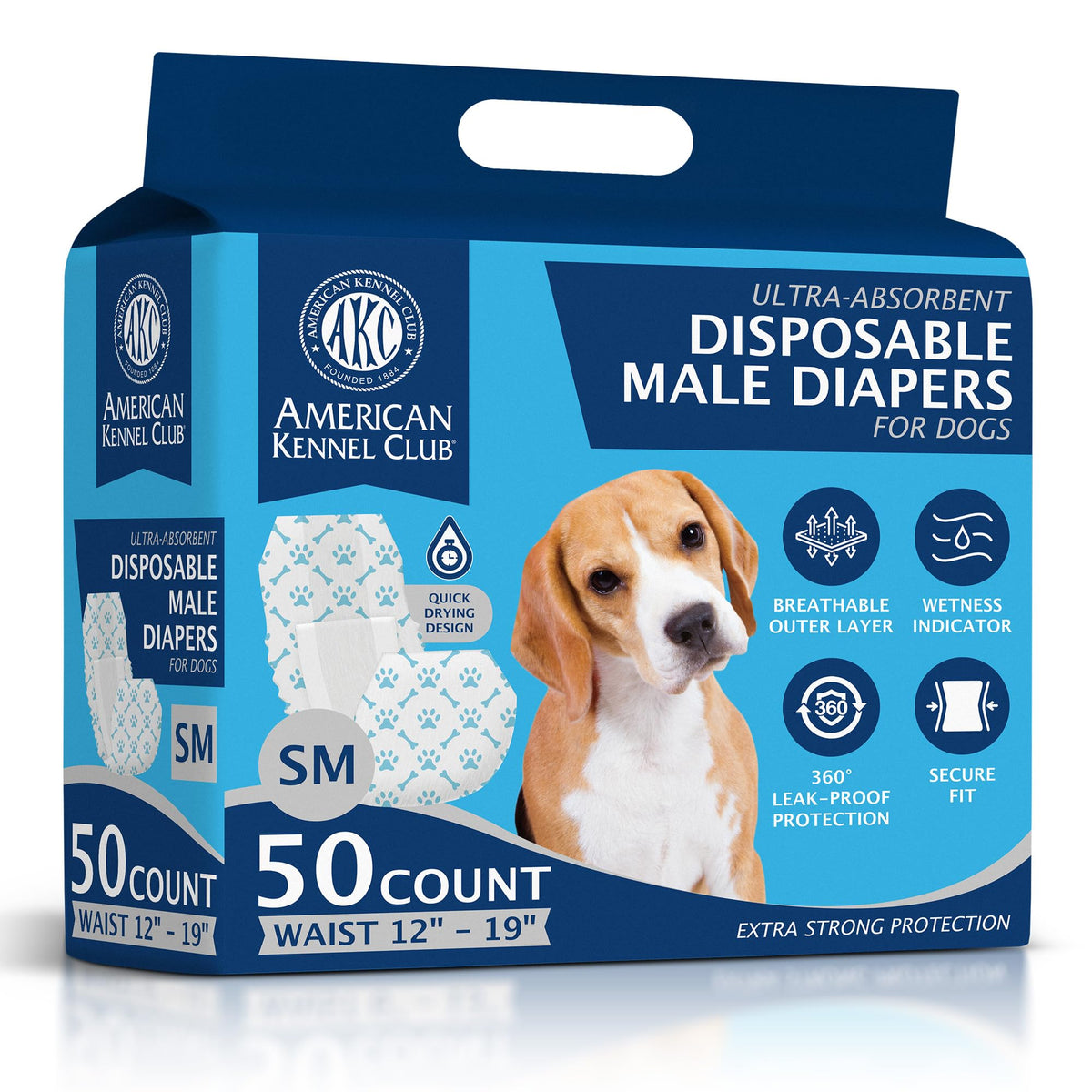 American Kennel Club empaque frontal con 50 pañales, práctico para almacenar