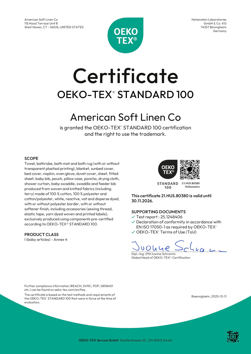 American Soft Linen etiqueta de cuidado y certificado OEKO-TEX como garantía de seguridad