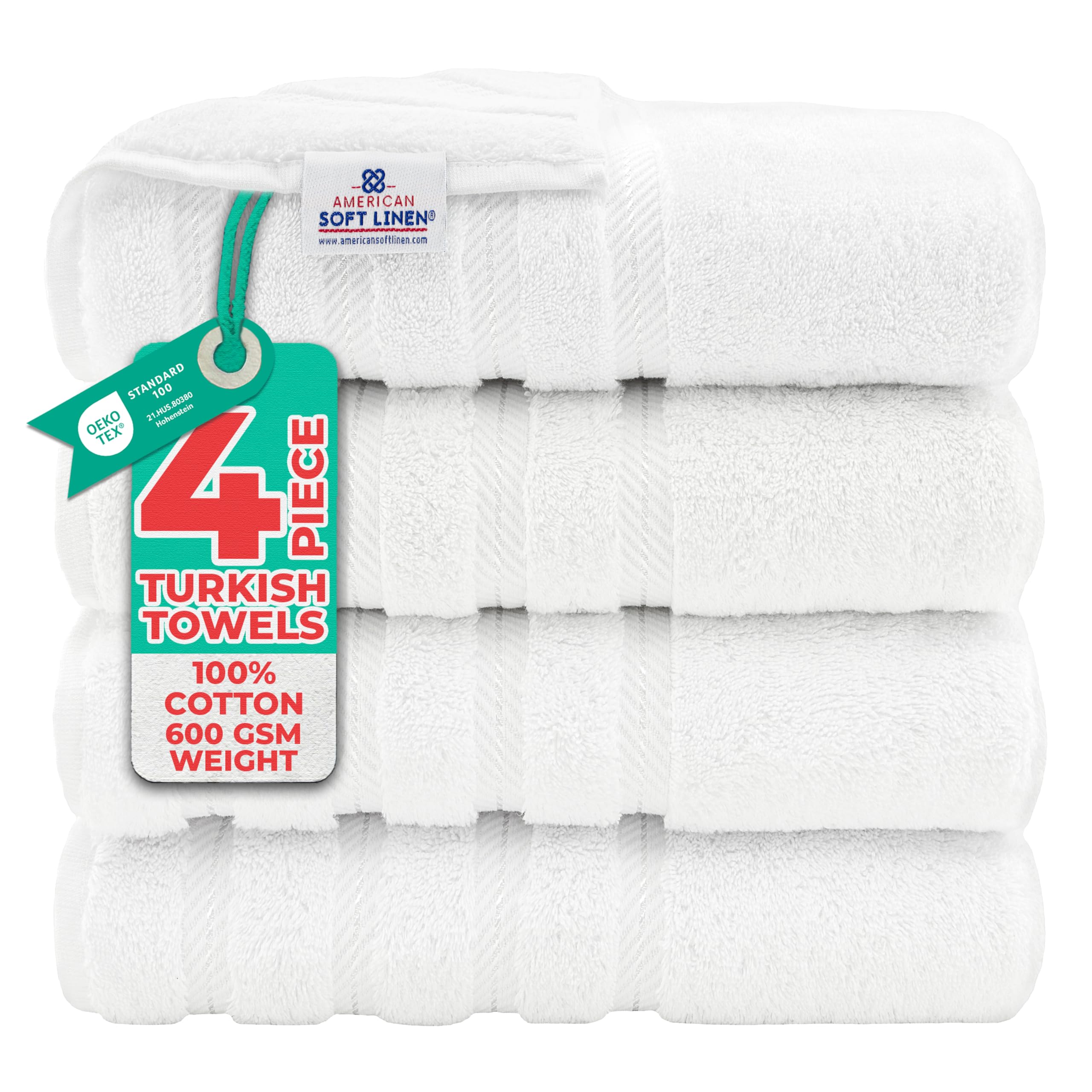 American Soft Linen frente del paquete mostrando set de 4 toallas y presentación elegante