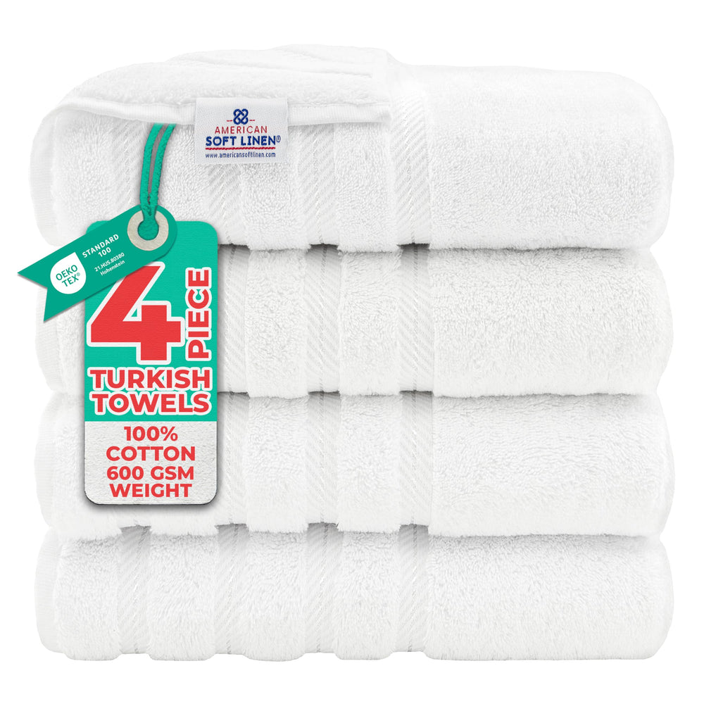 American Soft Linen frente del paquete mostrando set de 4 toallas y presentación elegante