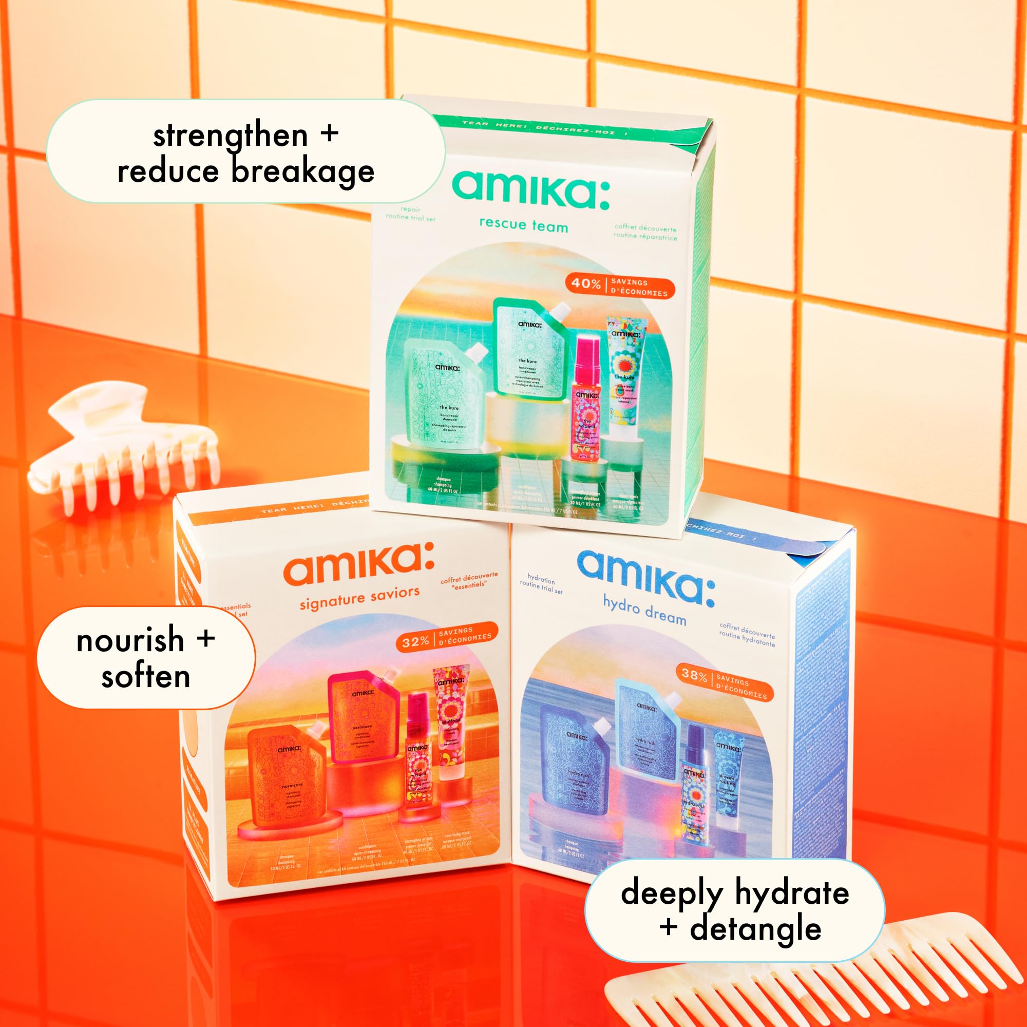 Amika etiquetas con lista de ingredientes clave y beneficios visibles