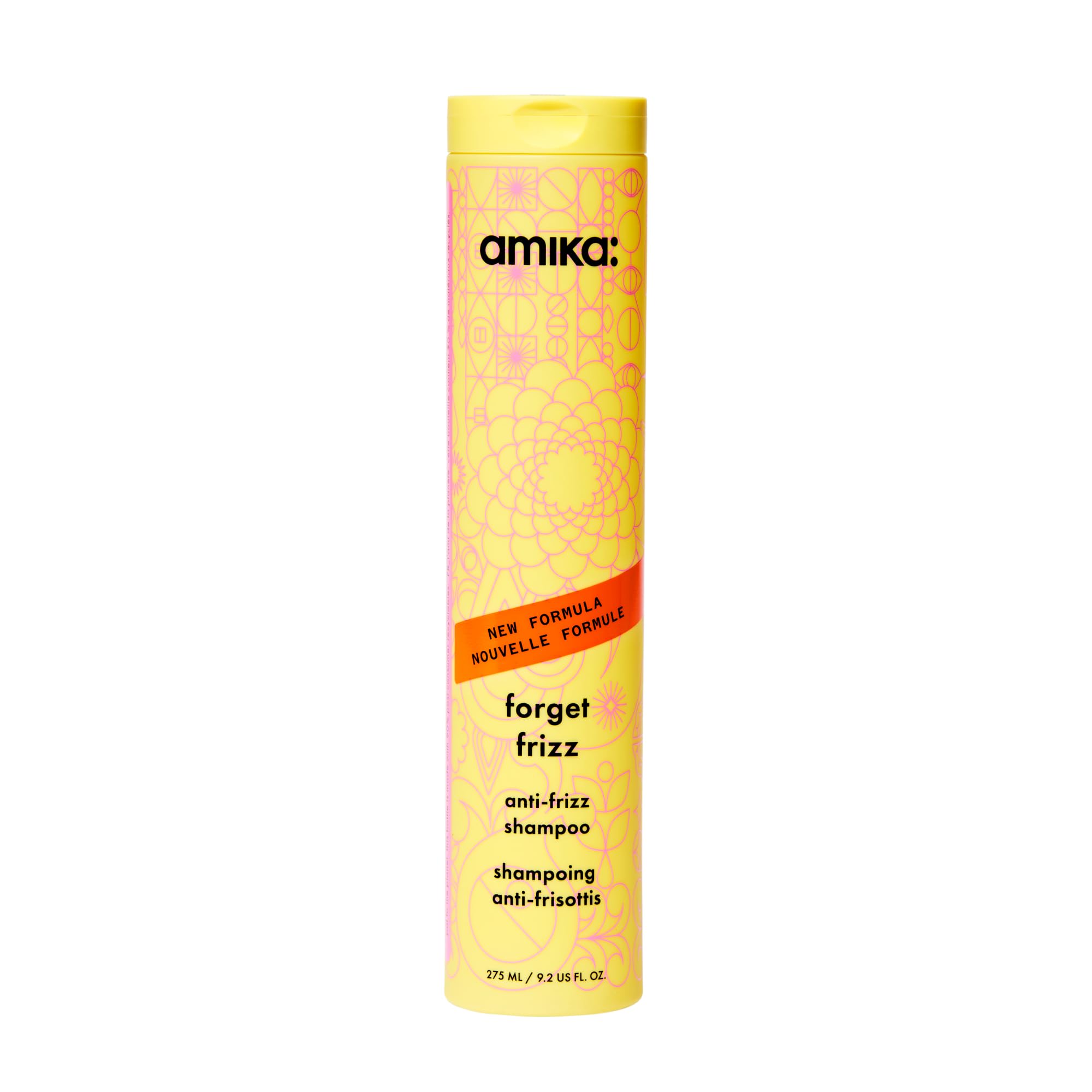 Amika botella frontal 275 ml mostrando diseño y beneficio anti-frizz