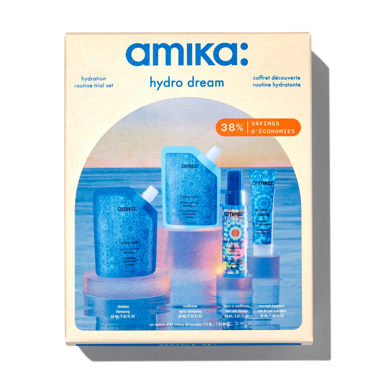 Amika trial set front packaging showing kit benefits