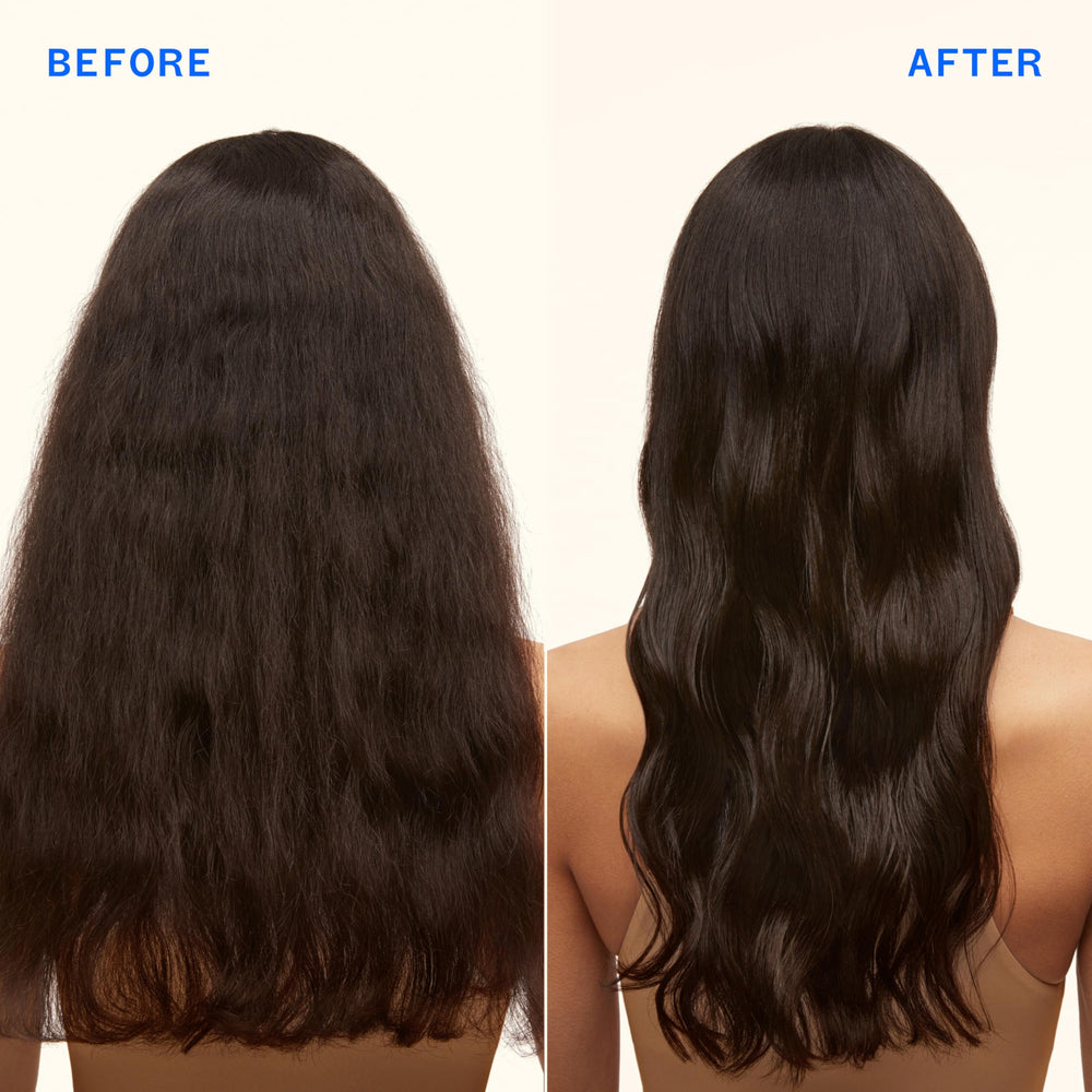 amika antes y después en cabello rizado mostrando más definición e hidratación