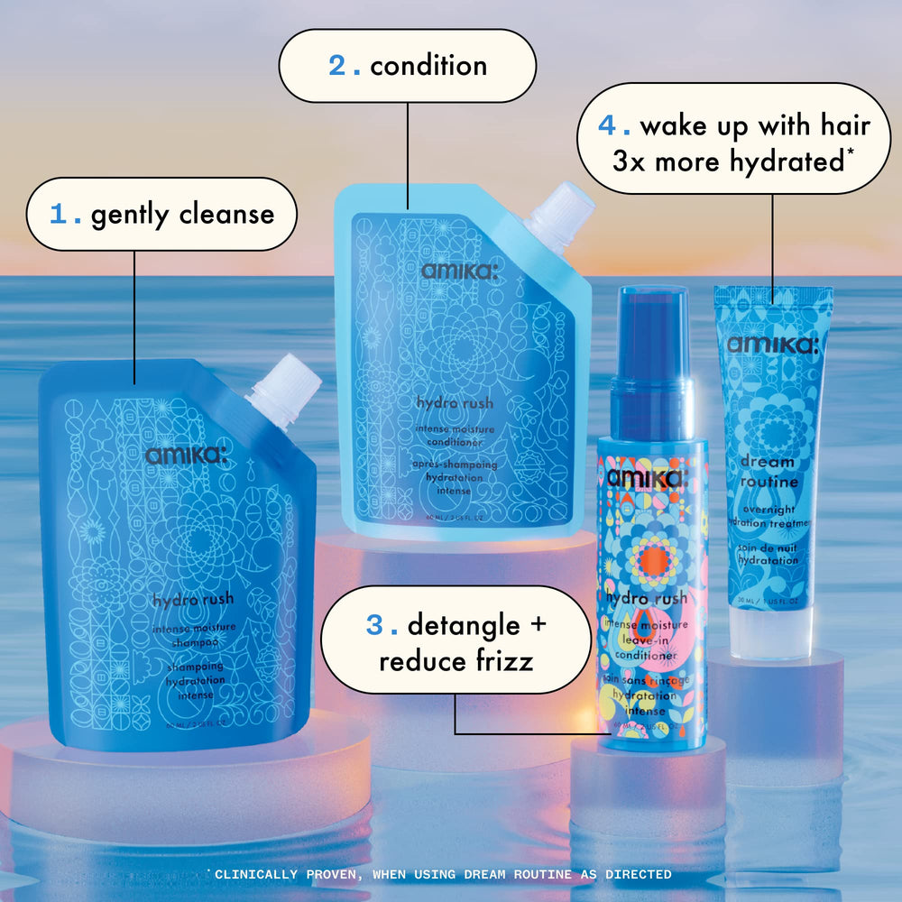 Amika Hydro Rush shampoo texture close-up for gentle cleanse