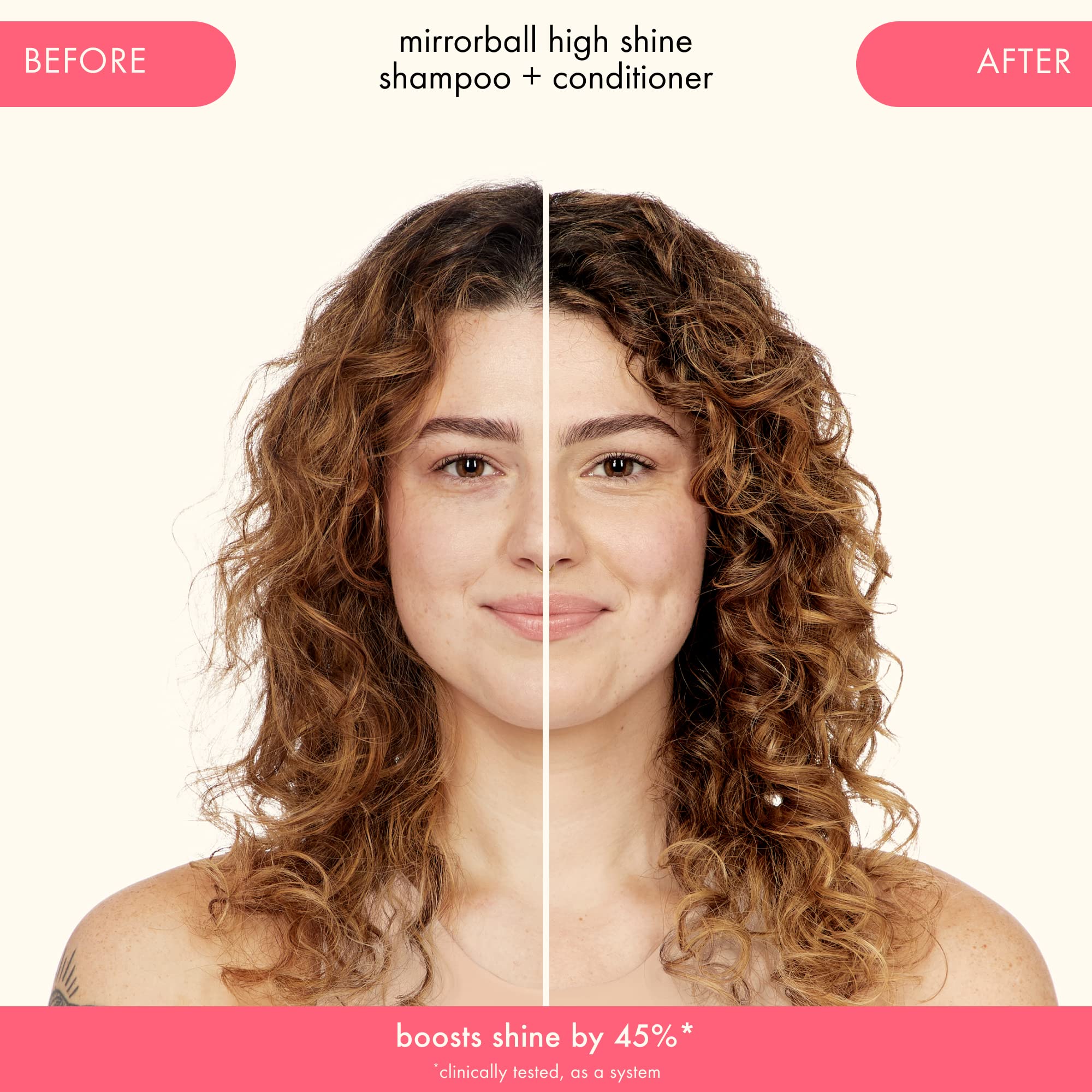Comparación antes y después con Amika Mirrorball mostrando aumento visible del brillo
