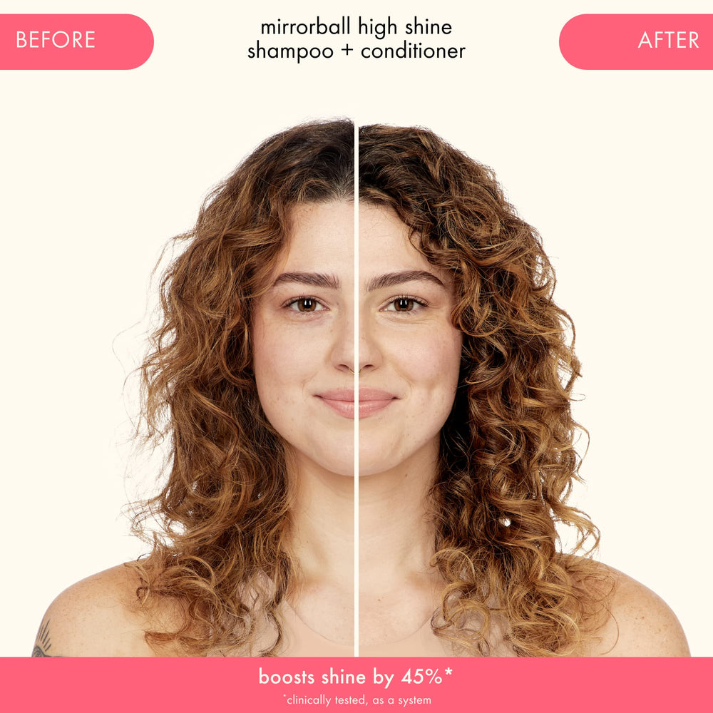 Comparación antes y después con Amika Mirrorball mostrando aumento visible del brillo