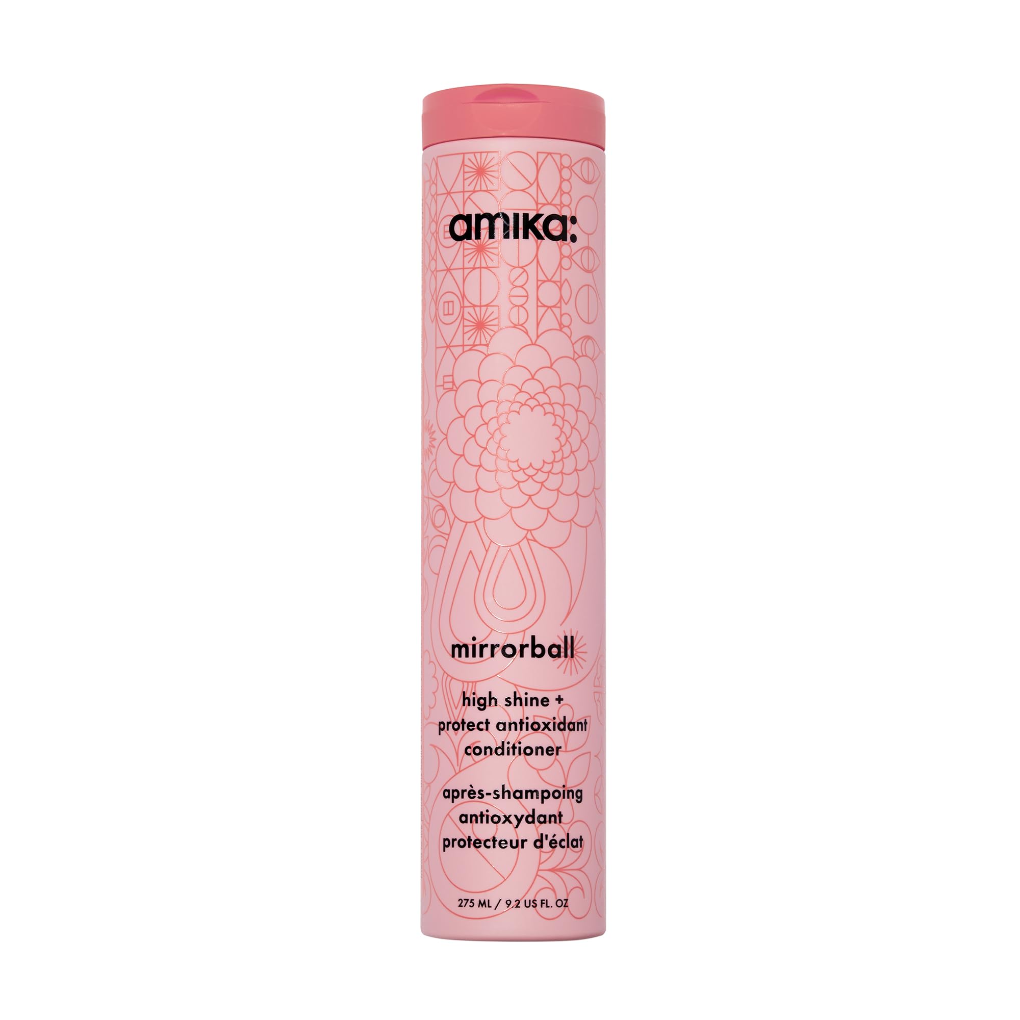 Amika Mirrorball envase frontal mostrando 275 ml y beneficio de brillo intenso