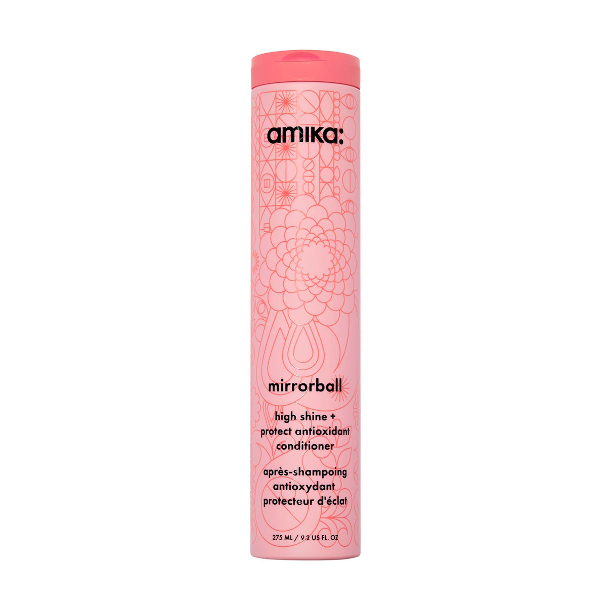 Amika Mirrorball envase frontal mostrando 275 ml y beneficio de brillo intenso