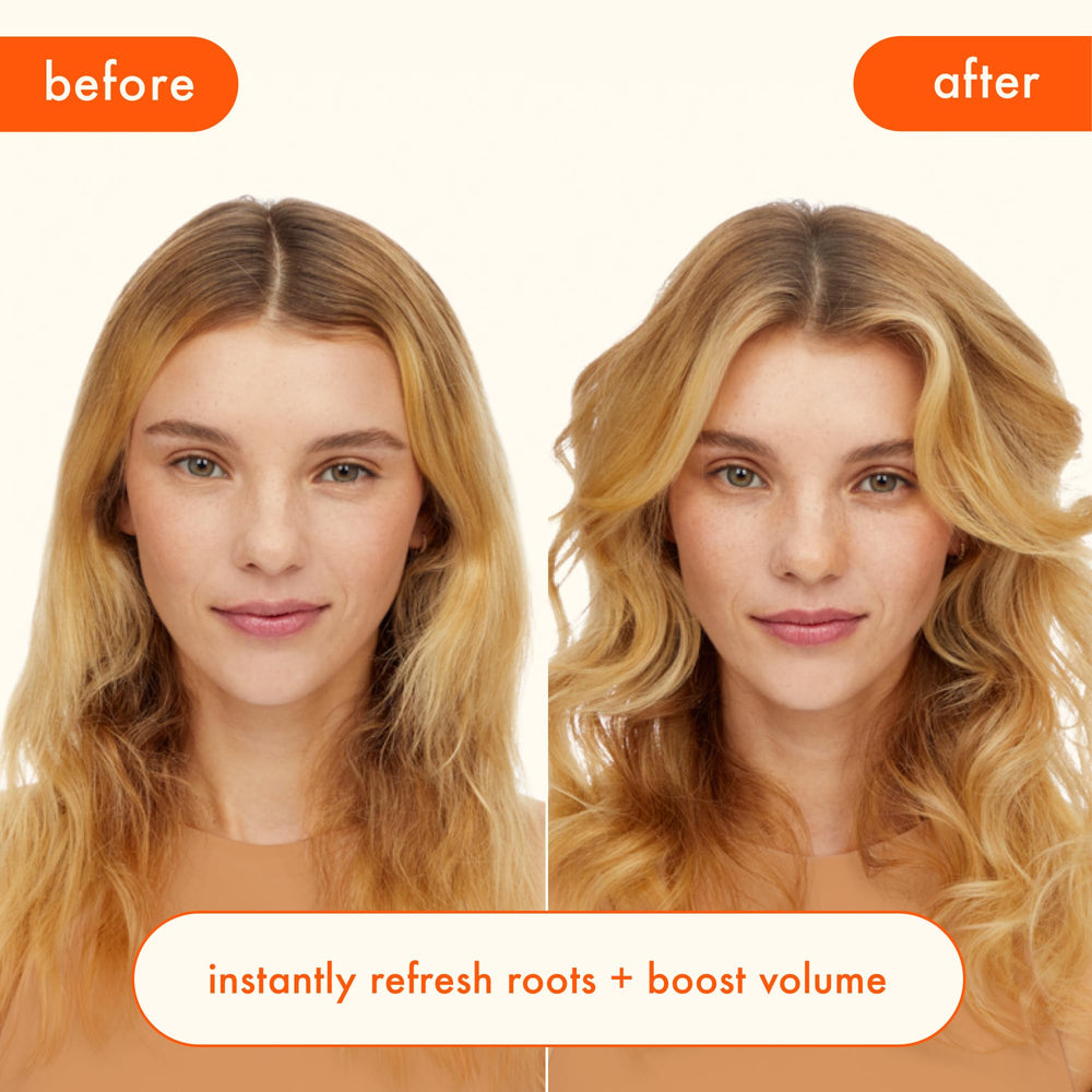 Amika before and after image showing visible root lift and refreshed volume