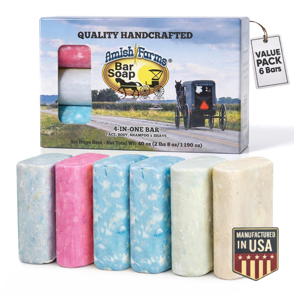 Amish Farms front packaging showing six bentonite clay bars and benefits