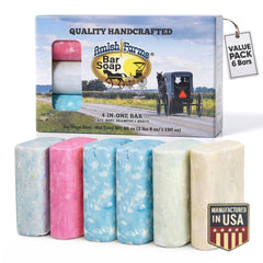 Amish Farms front packaging showing six bentonite clay bars and benefits