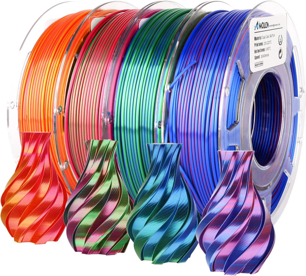 AMOLEN front packaging showing four silk dual-color spools, vibrant colors benefit