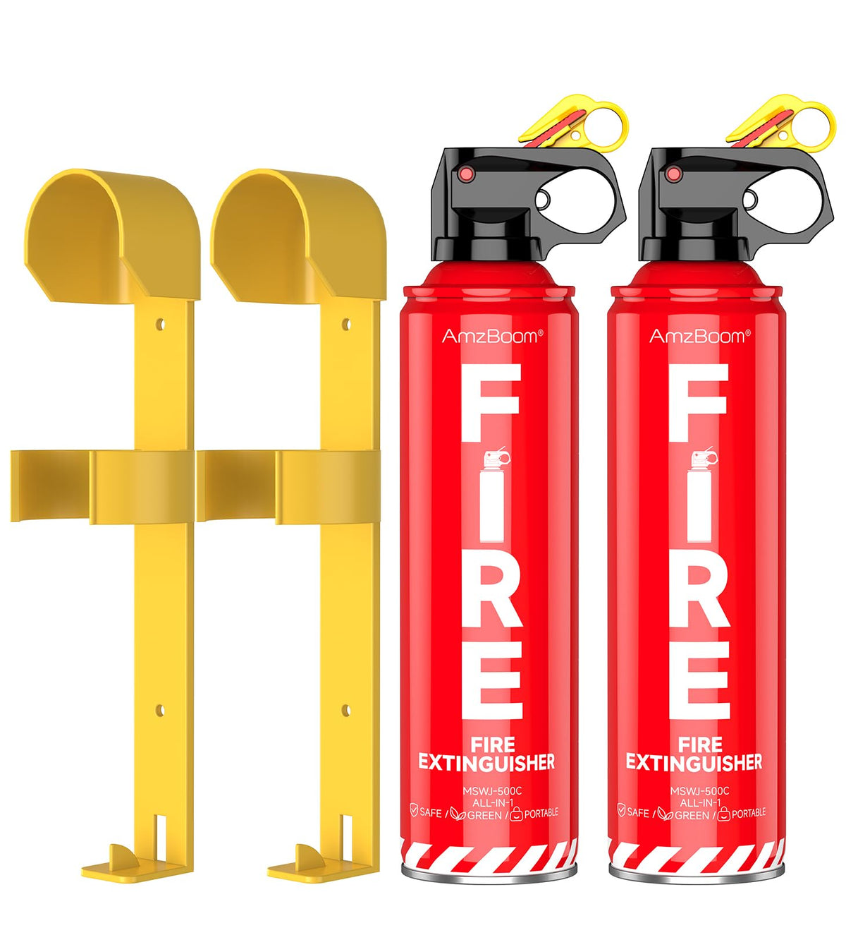 AmzBoom pack frontal con dos extintores compactos listo para emergencias y fácil almacenamiento