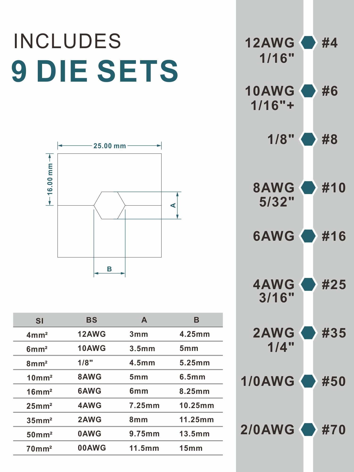 AMZCNC juego de 9 pares de matrices para rangos 12 AWG a 2/0 AWG