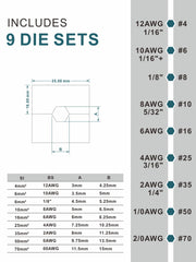 AMZCNC juego de 9 pares de matrices para rangos 12 AWG a 2/0 AWG