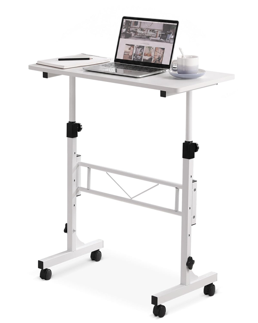 Amztabler front view of rolling standing desk showing compact workspace and mobility benefits