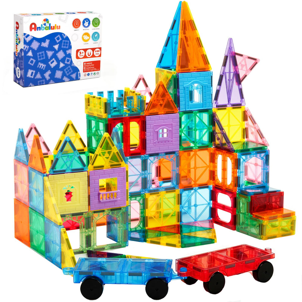 Anbalulu set frontal mostrando 100 piezas y 2 coches, promueve juego creativo