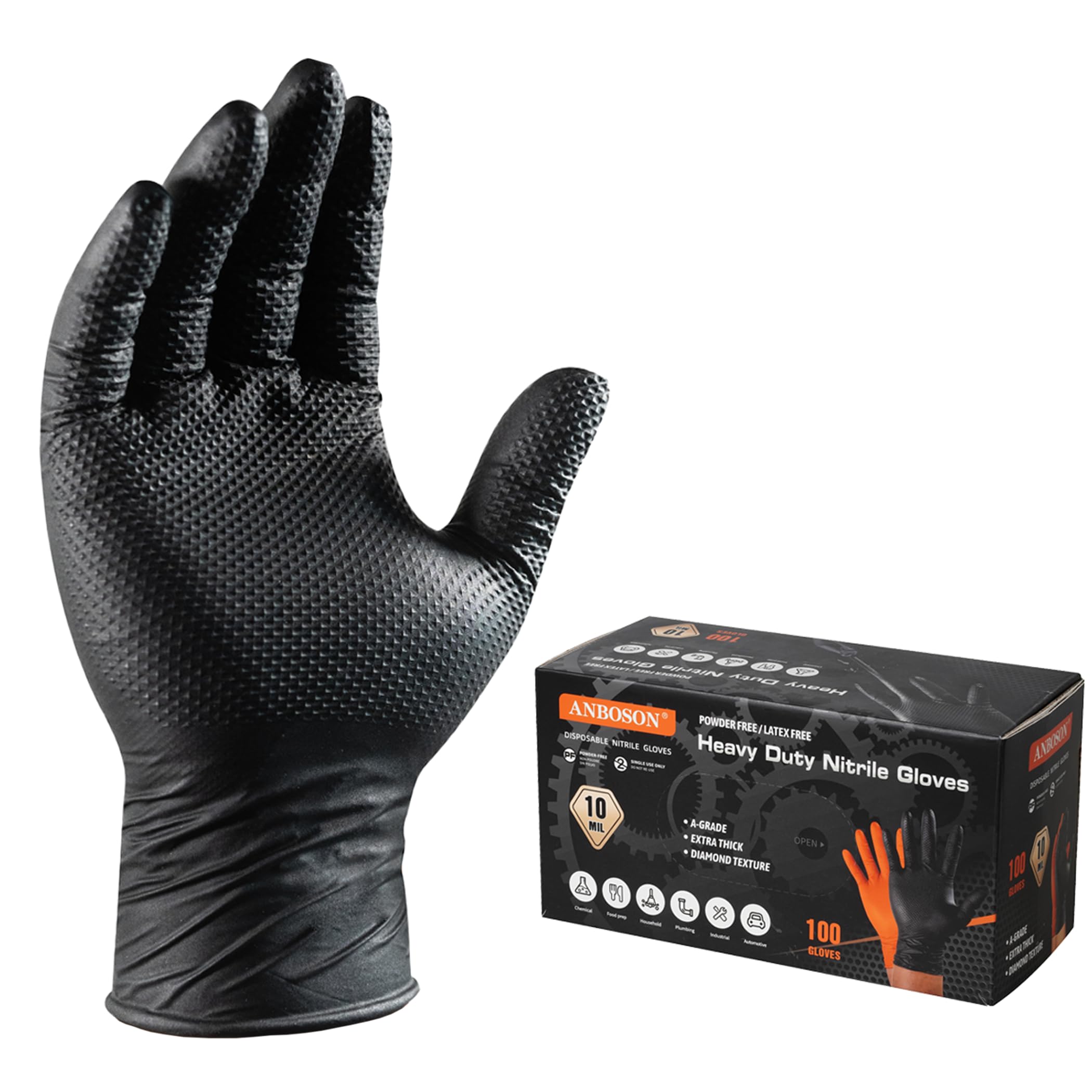ANBOSON frente del paquete mostrando 100 guantes y talla X-Large